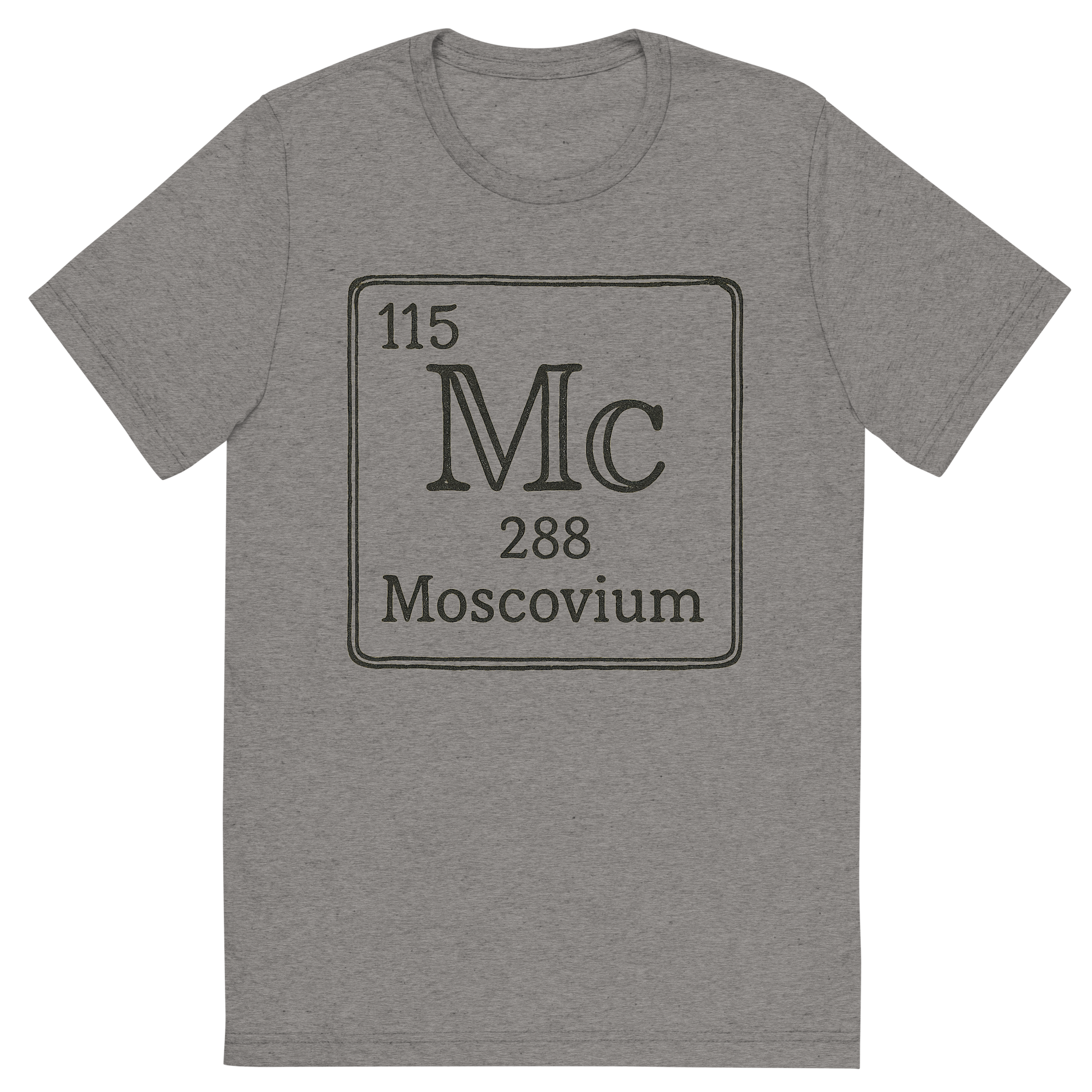 Front view of a Premium Tri-Blend Crew Neck T-Shirt in Grey showing 'A line art, nostalgic graphic of moscovium's entry on the periodic table, use a dark color for the lines and text'
