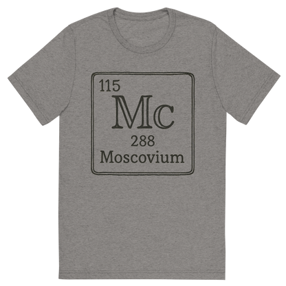 Front view of a Premium Tri-Blend Crew Neck T-Shirt in Grey showing 'A line art, nostalgic graphic of moscovium's entry on the periodic table, use a dark color for the lines and text'