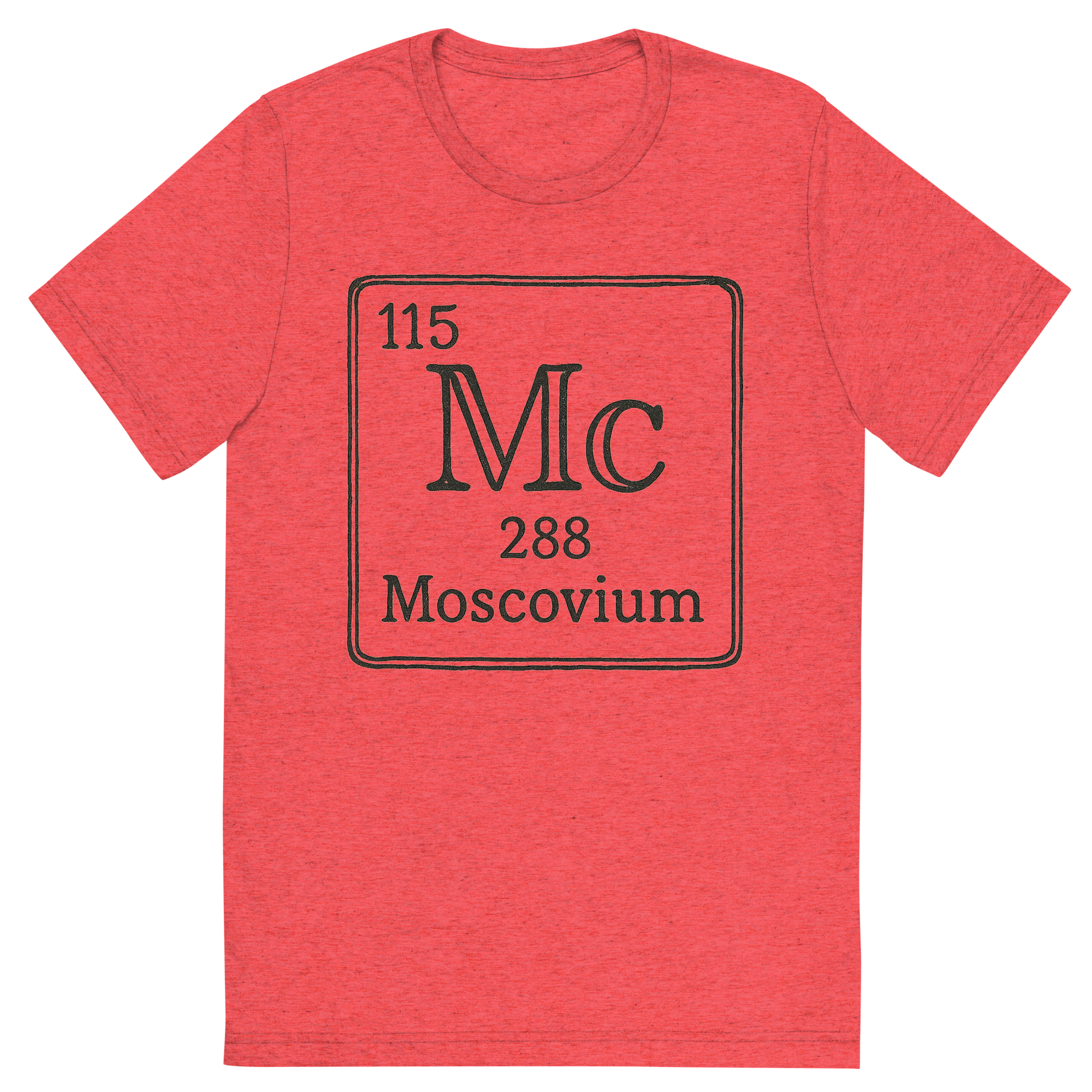 Front view of a Premium Tri-Blend Crew Neck T-Shirt in Red showing 'A line art, nostalgic graphic of moscovium's entry on the periodic table, use a dark color for the lines and text'