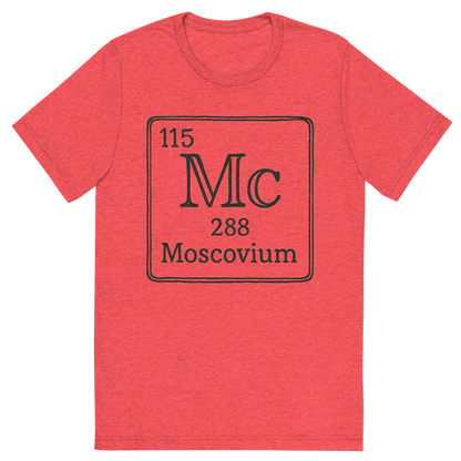 Front view of a Premium Tri-Blend Crew Neck T-Shirt in Red showing 'A line art, nostalgic graphic of moscovium's entry on the periodic table, use a dark color for the lines and text'