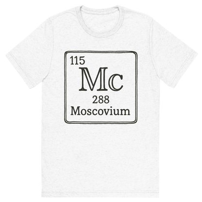 Front view of a Premium Tri-Blend Crew Neck T-Shirt in Solid White showing 'A line art, nostalgic graphic of moscovium's entry on the periodic table, use a dark color for the lines and text'