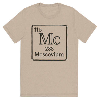Front view of a Premium Tri-Blend Crew Neck T-Shirt in Tan showing 'A line art, nostalgic graphic of moscovium's entry on the periodic table, use a dark color for the lines and text'
