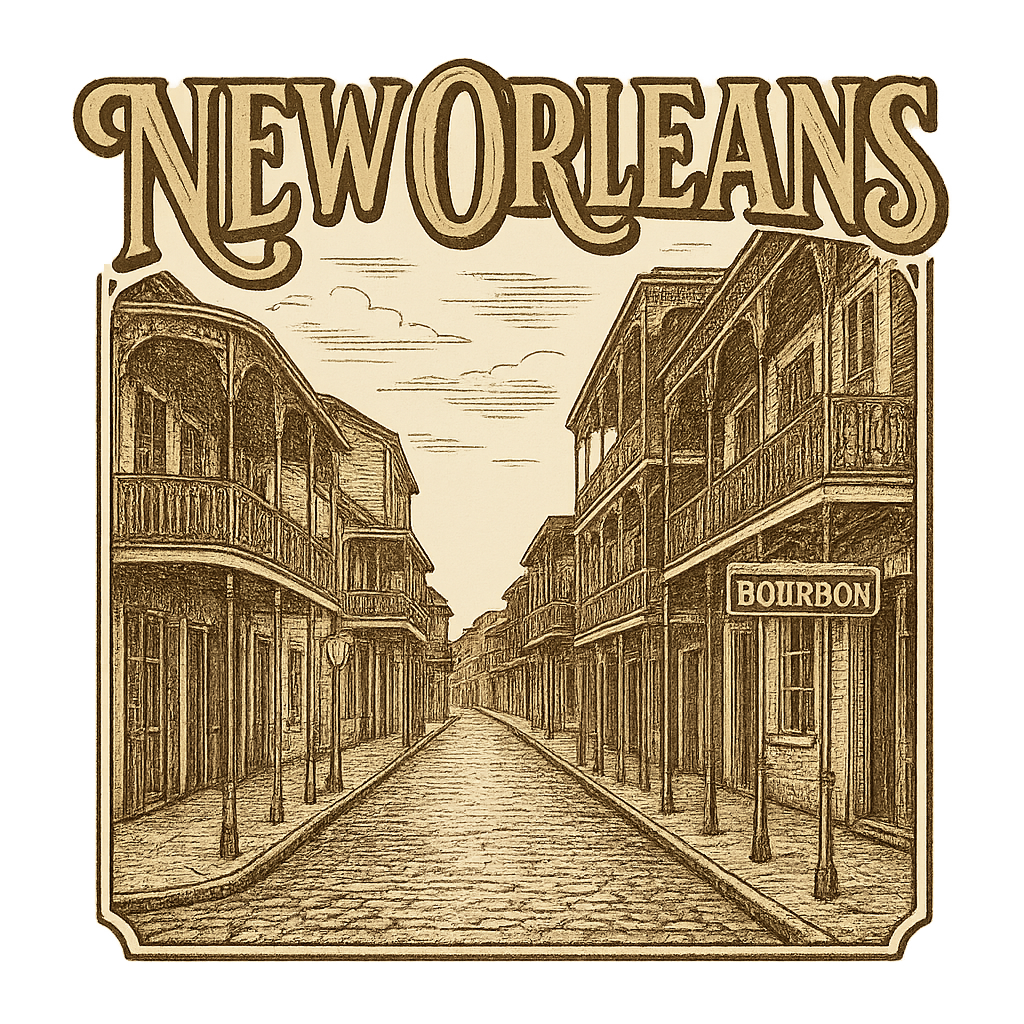 A typographic, nostalgic graphic of a typographic illustration of the words 'new orleans' with a vintage line art drawing of bourbon street – a t-shirt design
