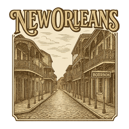 A typographic, nostalgic graphic of a typographic illustration of the words 'new orleans' with a vintage line art drawing of bourbon street – a t-shirt design