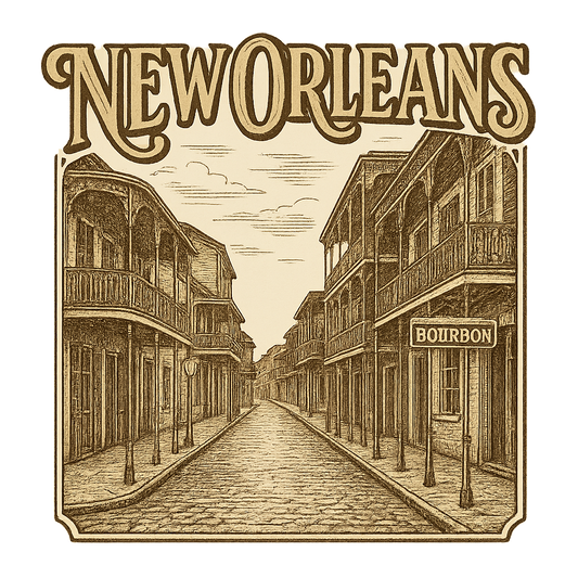 A typographic, nostalgic graphic of a typographic illustration of the words 'new orleans' with a vintage line art drawing of bourbon street – a t-shirt design