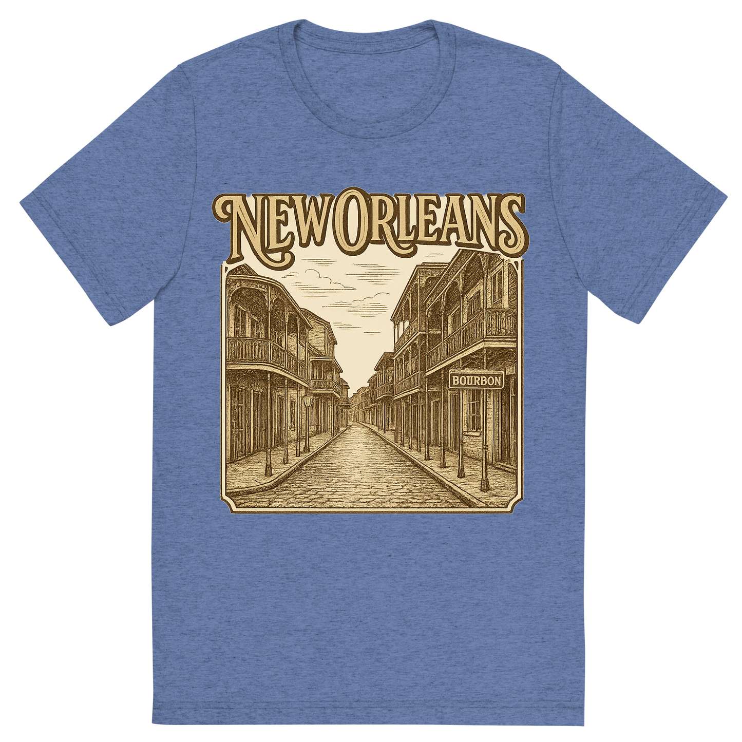 Front view of a Premium Tri-Blend Crew Neck T-Shirt in Blue showing 'A typographic, nostalgic graphic of a typographic illustration of the words 'new orleans' with a vintage line art drawing of bourbon street'