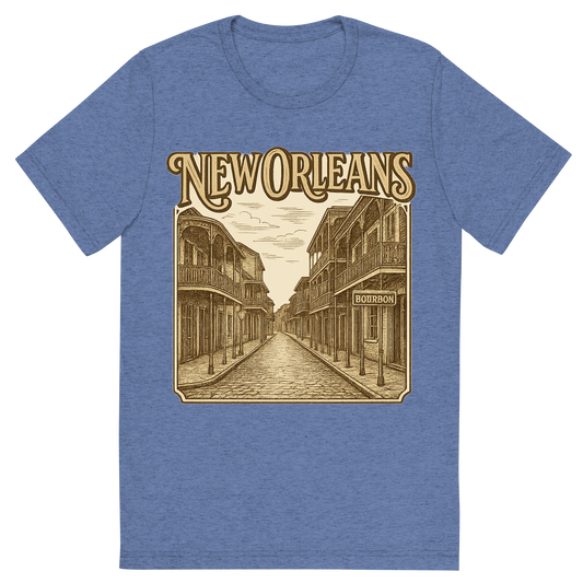 Front view of a Premium Tri-Blend Crew Neck T-Shirt in Blue showing 'A typographic, nostalgic graphic of a typographic illustration of the words 'new orleans' with a vintage line art drawing of bourbon street'