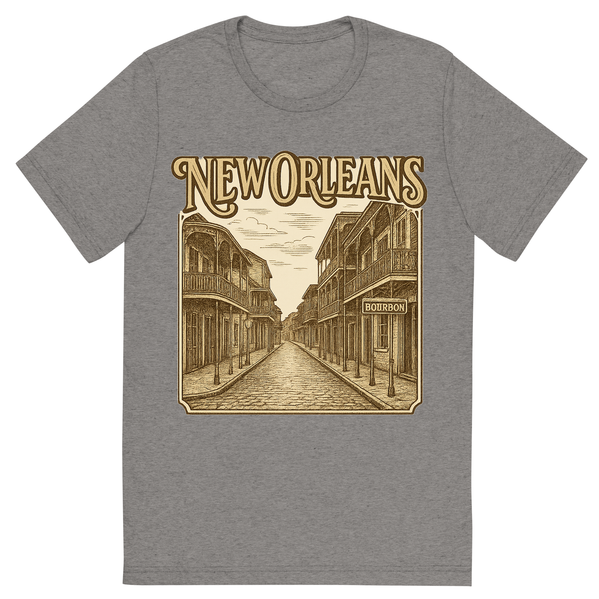 Front view of a Premium Tri-Blend Crew Neck T-Shirt in Grey showing 'A typographic, nostalgic graphic of a typographic illustration of the words 'new orleans' with a vintage line art drawing of bourbon street'