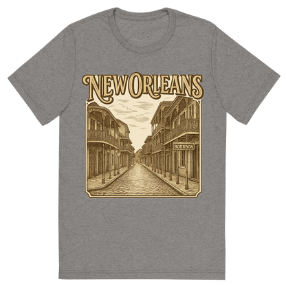 Front view of a Premium Tri-Blend Crew Neck T-Shirt in Grey showing 'A typographic, nostalgic graphic of a typographic illustration of the words 'new orleans' with a vintage line art drawing of bourbon street'