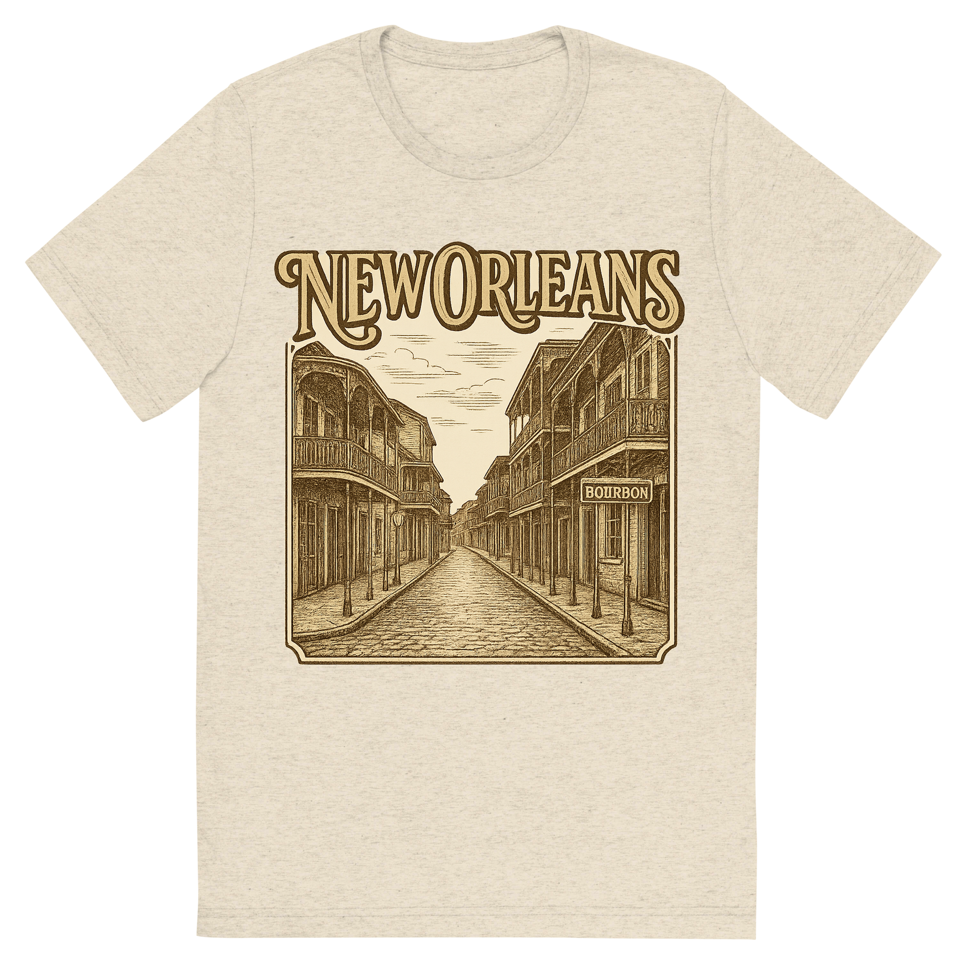 Front view of a Premium Tri-Blend Crew Neck T-Shirt in Oatmeal showing 'A typographic, nostalgic graphic of a typographic illustration of the words 'new orleans' with a vintage line art drawing of bourbon street'