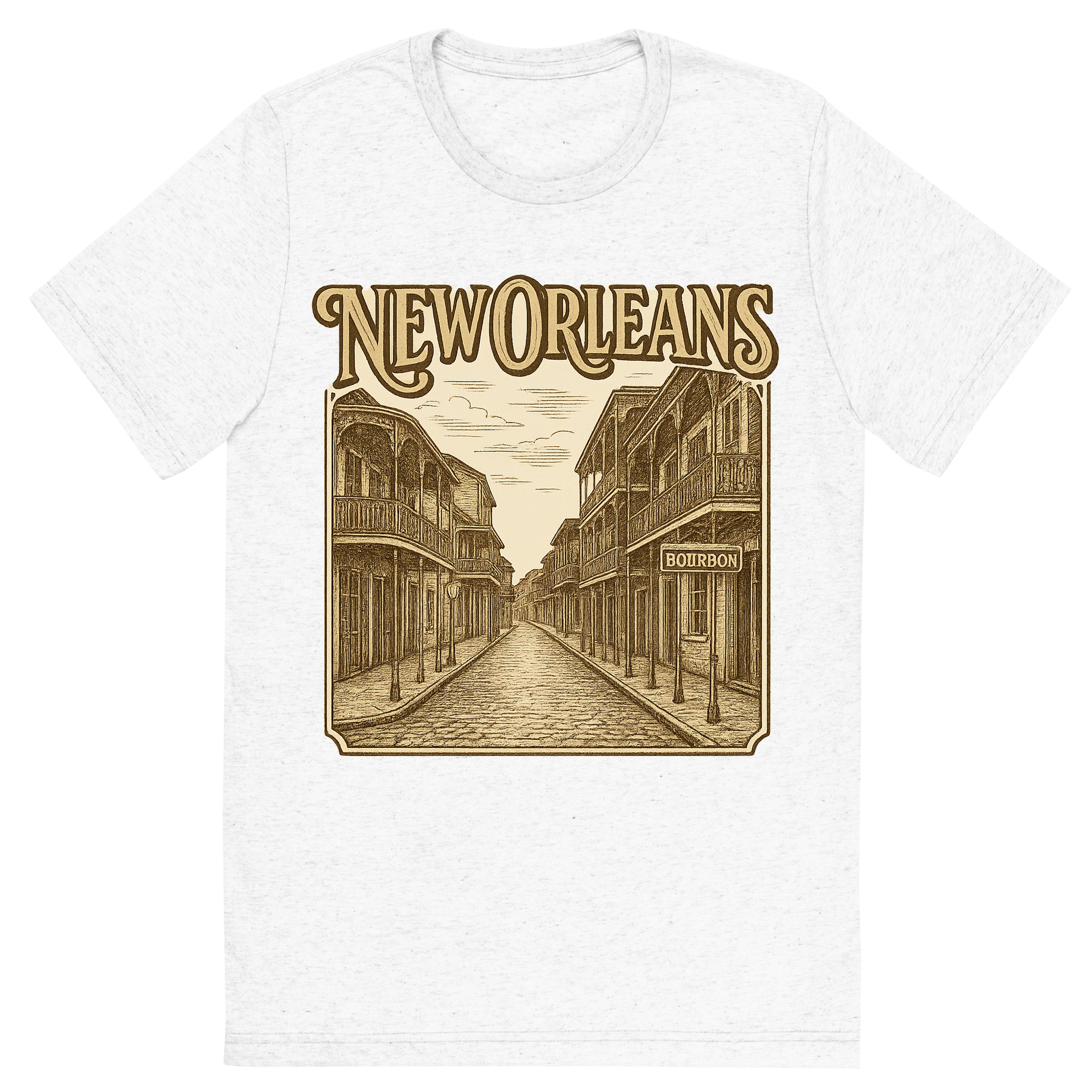 Front view of a Premium Tri-Blend Crew Neck T-Shirt in Solid White showing 'A typographic, nostalgic graphic of a typographic illustration of the words 'new orleans' with a vintage line art drawing of bourbon street'