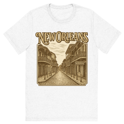 Front view of a Premium Tri-Blend Crew Neck T-Shirt in Solid White showing 'A typographic, nostalgic graphic of a typographic illustration of the words 'new orleans' with a vintage line art drawing of bourbon street'