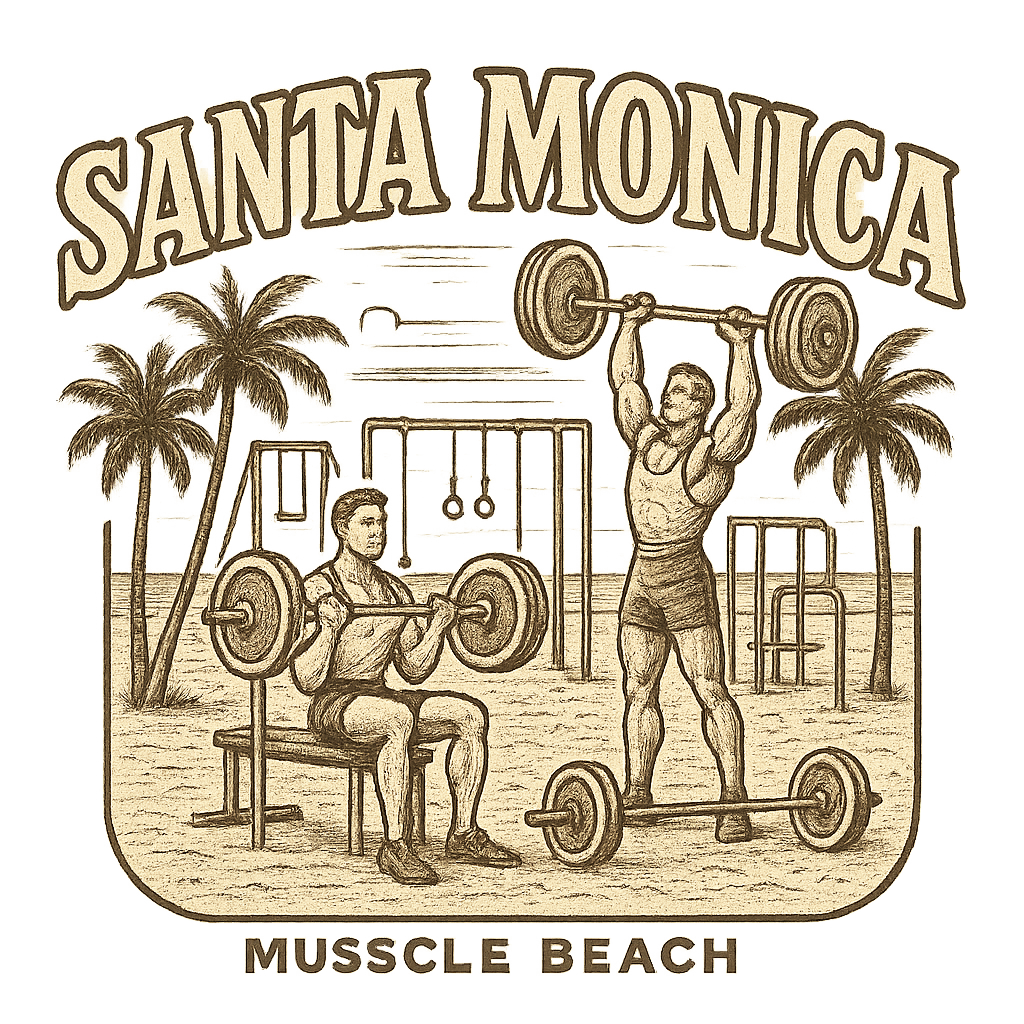 A typographic, nostalgic graphic of a typographic illustration of the words 'santa monica' with a vintage line art drawing of muscle beach – a t-shirt design