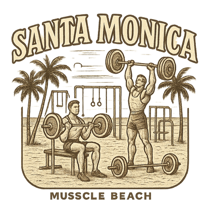 A typographic, nostalgic graphic of a typographic illustration of the words 'santa monica' with a vintage line art drawing of muscle beach – a t-shirt design