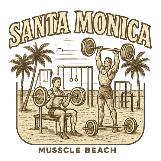 A typographic, nostalgic graphic of a typographic illustration of the words 'santa monica' with a vintage line art drawing of muscle beach – a t-shirt design