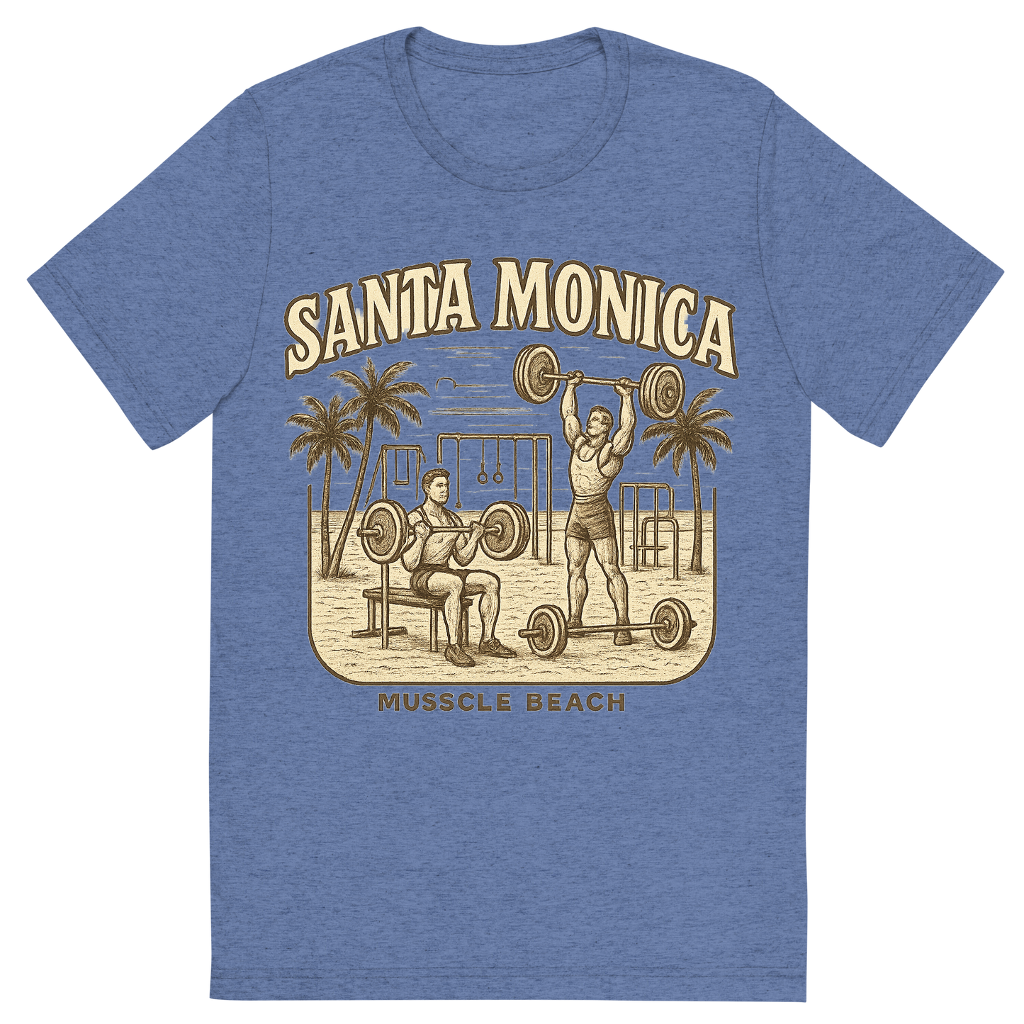 Front view of a Premium Tri-Blend Crew Neck T-Shirt in Blue showing 'A typographic, nostalgic graphic of a typographic illustration of the words 'santa monica' with a vintage line art drawing of muscle beach'