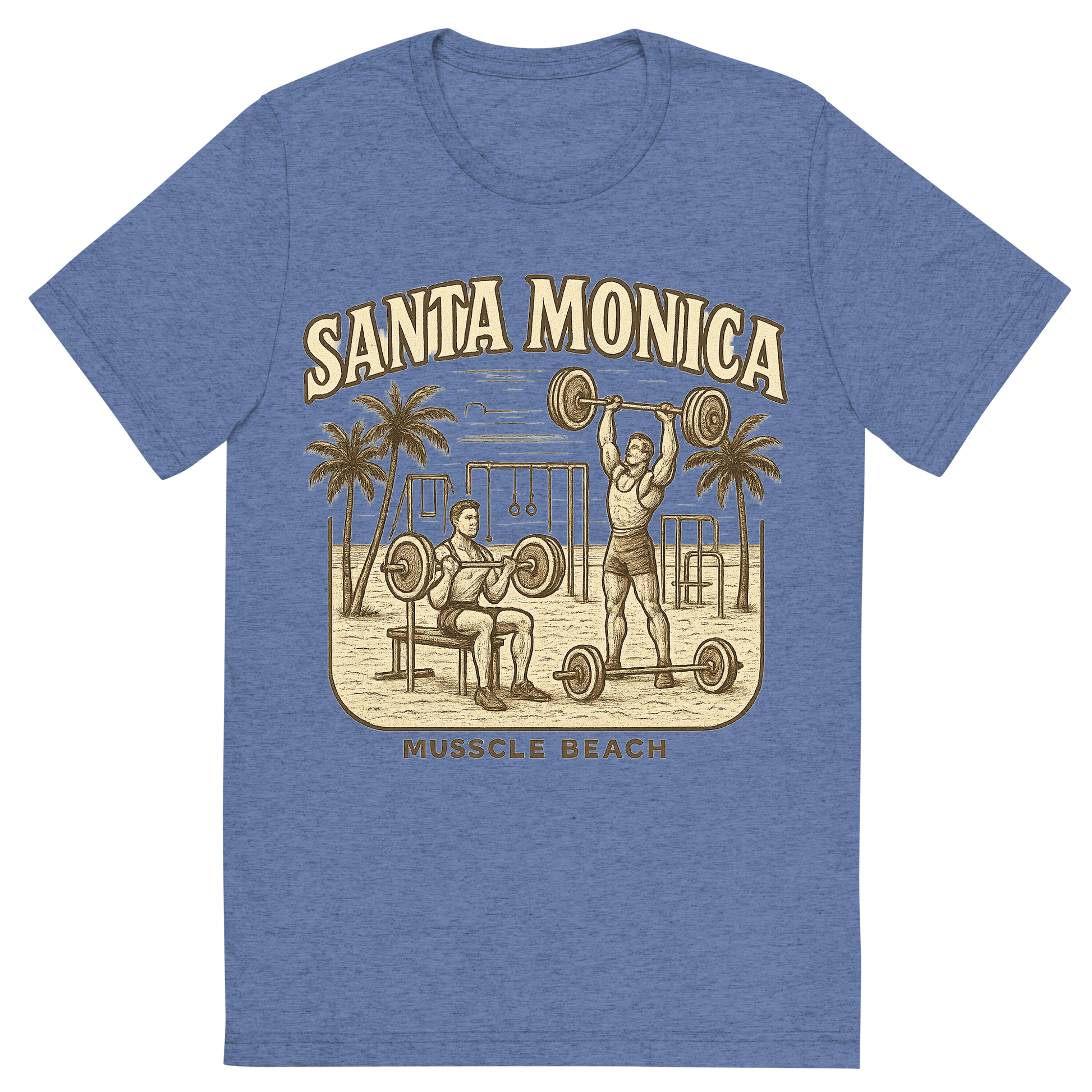 Front view of a Premium Tri-Blend Crew Neck T-Shirt in Blue showing 'A typographic, nostalgic graphic of a typographic illustration of the words 'santa monica' with a vintage line art drawing of muscle beach'
