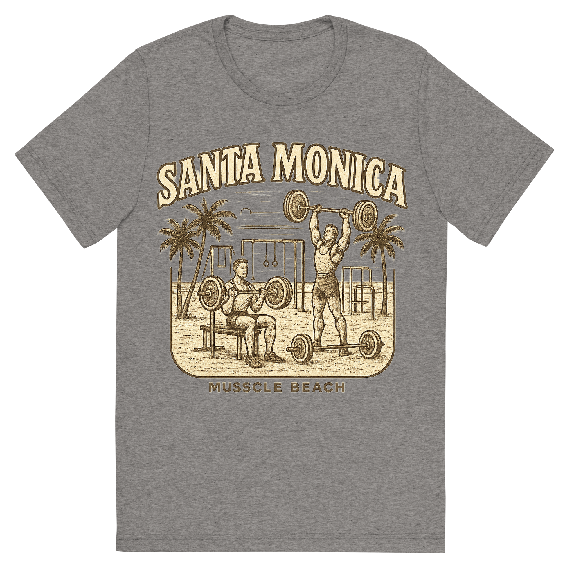 Front view of a Premium Tri-Blend Crew Neck T-Shirt in Grey showing 'A typographic, nostalgic graphic of a typographic illustration of the words 'santa monica' with a vintage line art drawing of muscle beach'