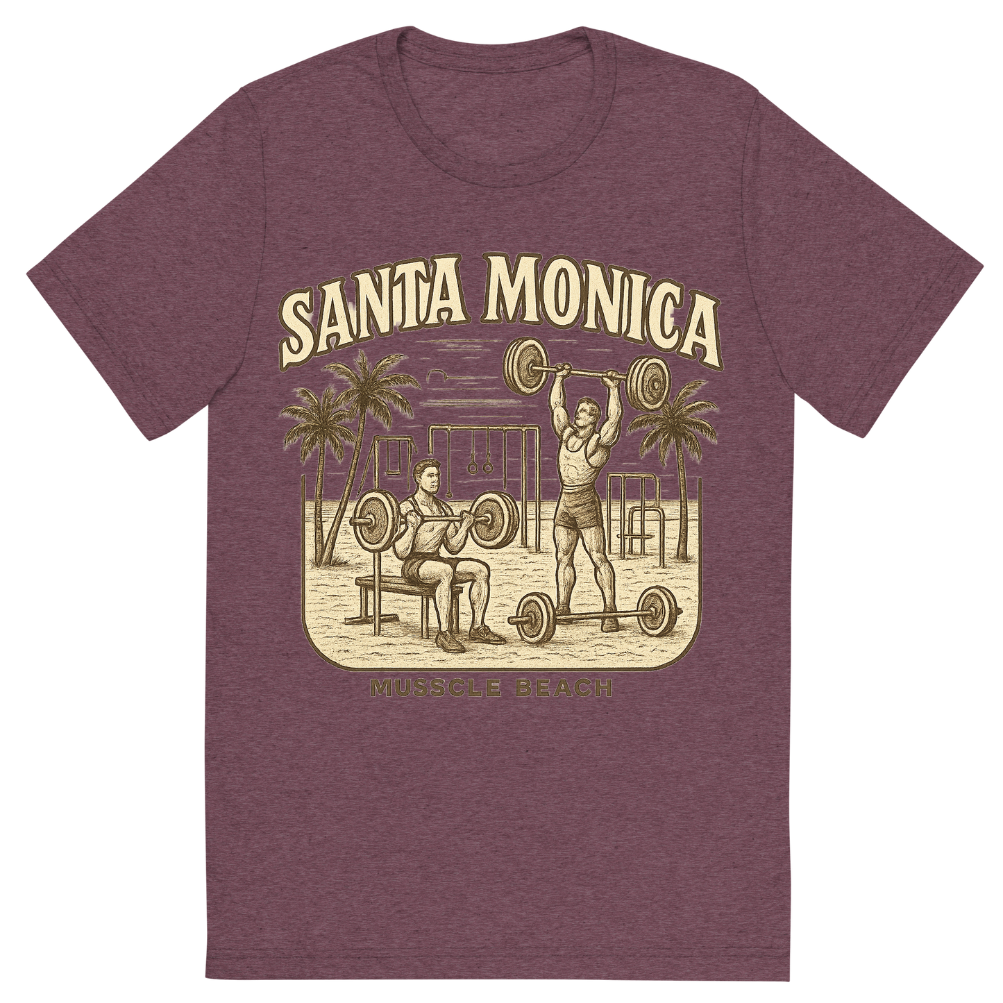 Front view of a Premium Tri-Blend Crew Neck T-Shirt in Maroon showing 'A typographic, nostalgic graphic of a typographic illustration of the words 'santa monica' with a vintage line art drawing of muscle beach'