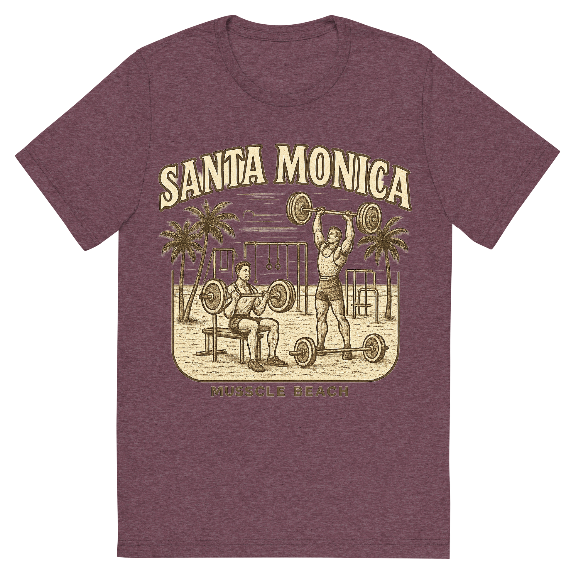 Front view of a Premium Tri-Blend Crew Neck T-Shirt in Maroon showing 'A typographic, nostalgic graphic of a typographic illustration of the words 'santa monica' with a vintage line art drawing of muscle beach'