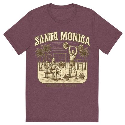 Front view of a Premium Tri-Blend Crew Neck T-Shirt in Maroon showing 'A typographic, nostalgic graphic of a typographic illustration of the words 'santa monica' with a vintage line art drawing of muscle beach'