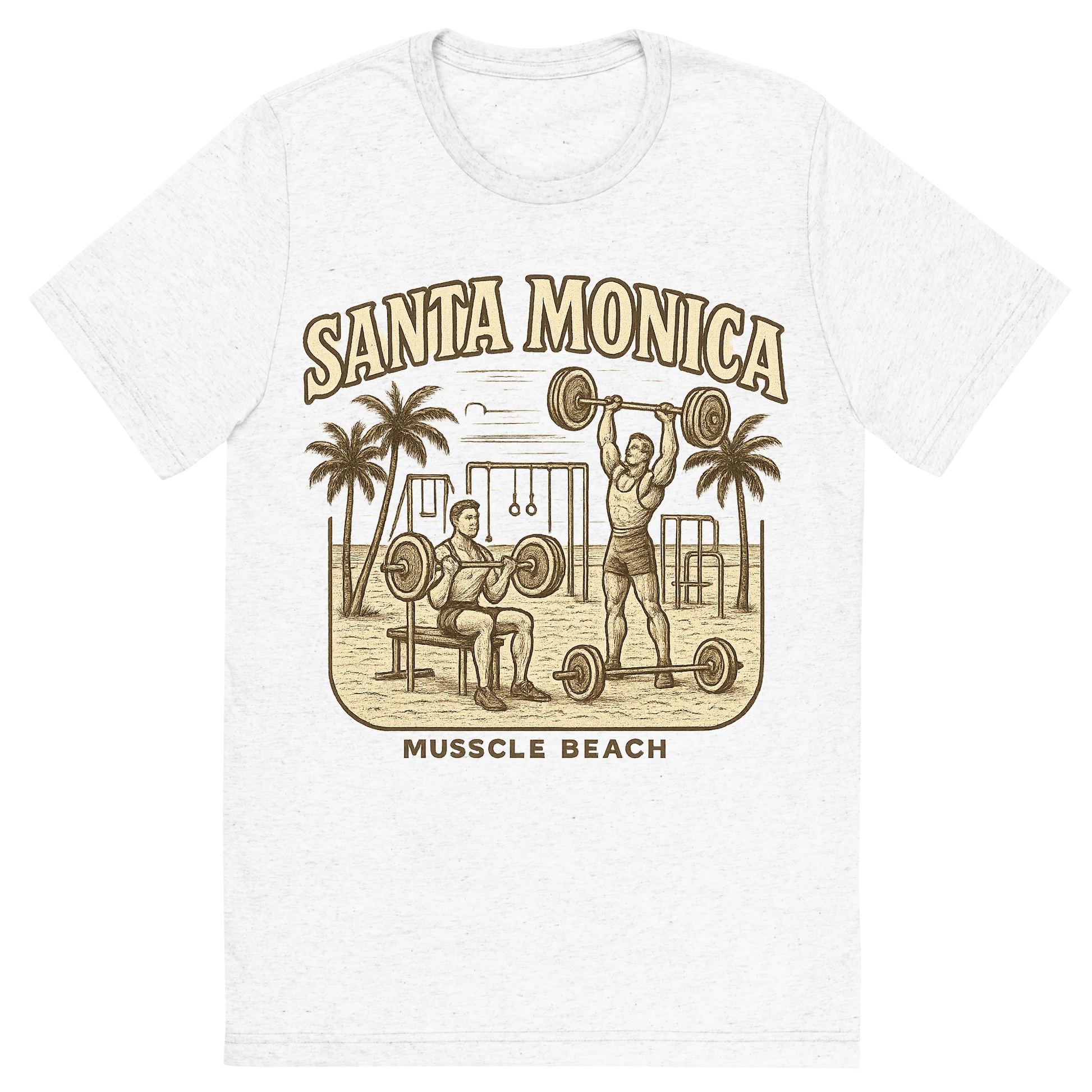 Front view of a Premium Tri-Blend Crew Neck T-Shirt in Solid White showing 'A typographic, nostalgic graphic of a typographic illustration of the words 'santa monica' with a vintage line art drawing of muscle beach'