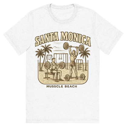 Front view of a Premium Tri-Blend Crew Neck T-Shirt in Solid White showing 'A typographic, nostalgic graphic of a typographic illustration of the words 'santa monica' with a vintage line art drawing of muscle beach'