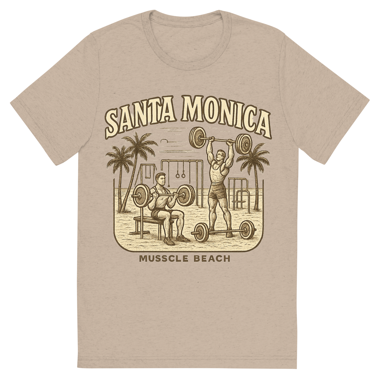 Front view of a Premium Tri-Blend Crew Neck T-Shirt in Tan showing 'A typographic, nostalgic graphic of a typographic illustration of the words 'santa monica' with a vintage line art drawing of muscle beach'