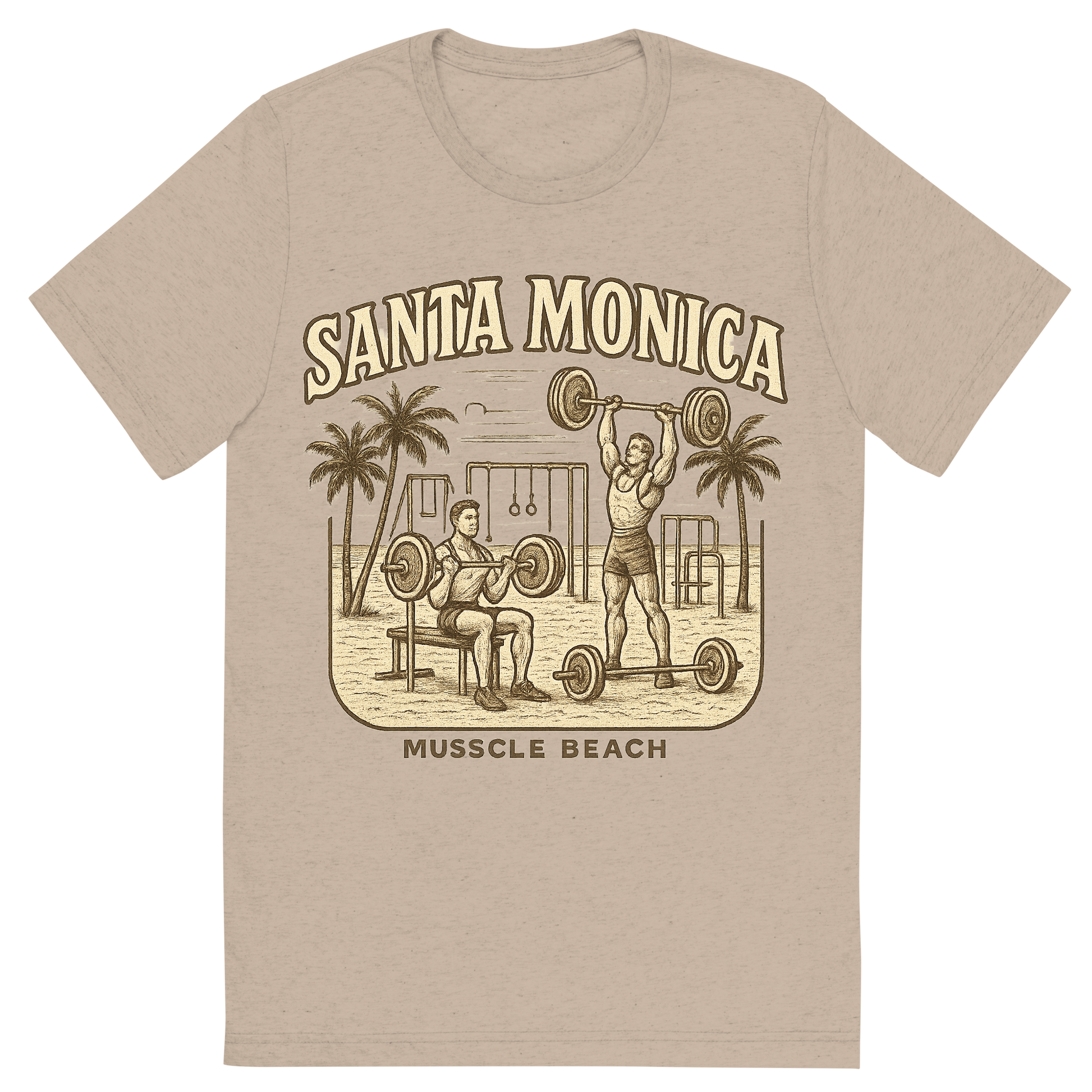 Front view of a Premium Tri-Blend Crew Neck T-Shirt in Tan showing 'A typographic, nostalgic graphic of a typographic illustration of the words 'santa monica' with a vintage line art drawing of muscle beach'