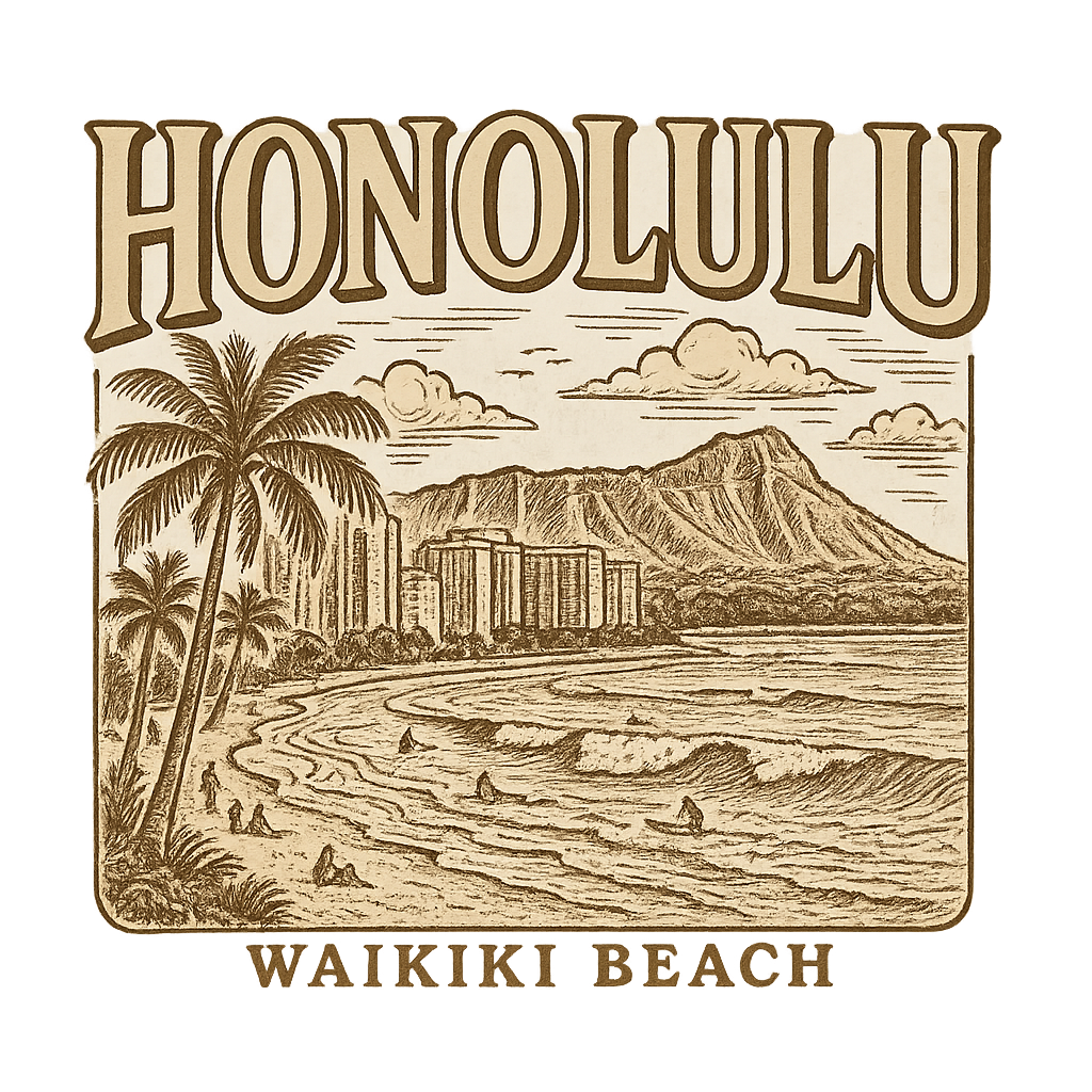 A typographic, nostalgic graphic of a typographic illustration of the words 'honolulu' with a vintage line art drawing of waikiki beach – a t-shirt design
