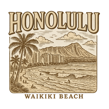 A typographic, nostalgic graphic of a typographic illustration of the words 'honolulu' with a vintage line art drawing of waikiki beach – a t-shirt design