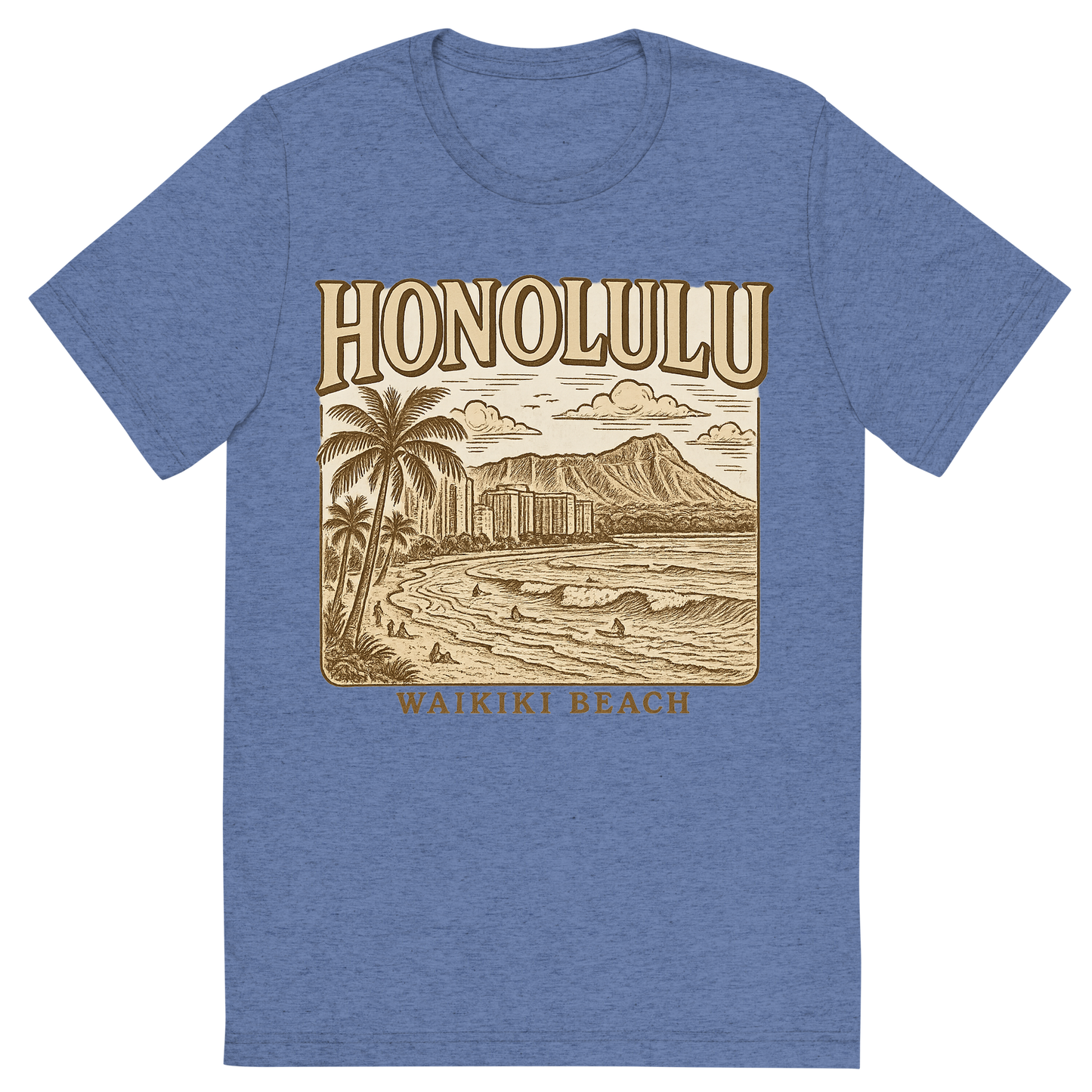 Front view of a Premium Tri-Blend Crew Neck T-Shirt in Blue showing 'A typographic, nostalgic graphic of a typographic illustration of the words 'honolulu' with a vintage line art drawing of waikiki beach'