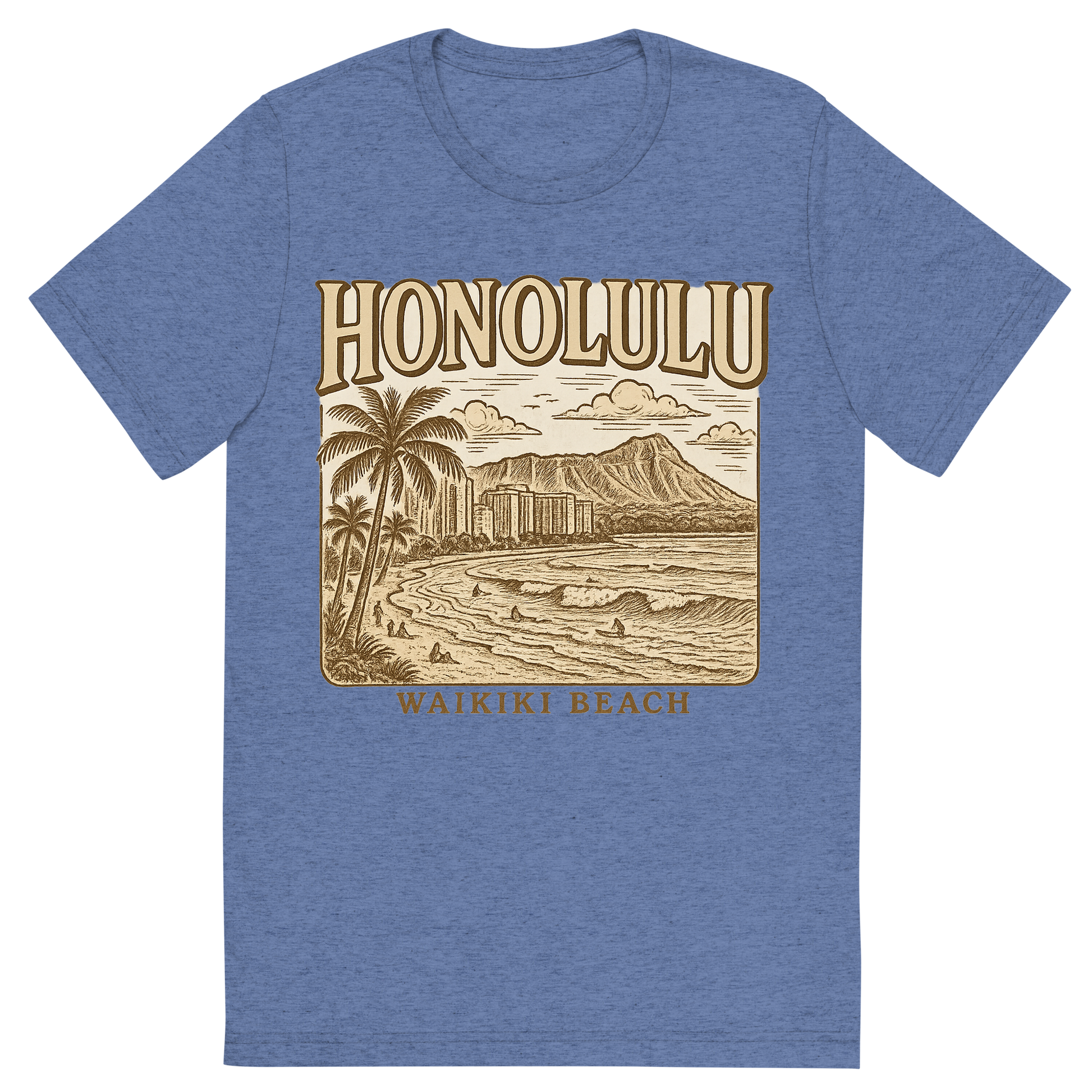 Front view of a Premium Tri-Blend Crew Neck T-Shirt in Blue showing 'A typographic, nostalgic graphic of a typographic illustration of the words 'honolulu' with a vintage line art drawing of waikiki beach'