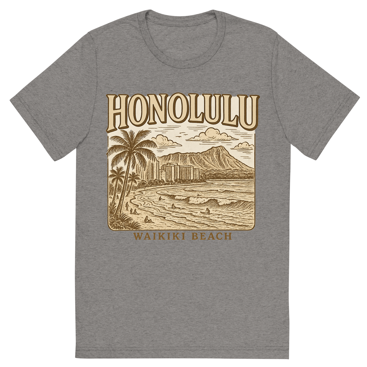 Front view of a Premium Tri-Blend Crew Neck T-Shirt in Grey showing 'A typographic, nostalgic graphic of a typographic illustration of the words 'honolulu' with a vintage line art drawing of waikiki beach'