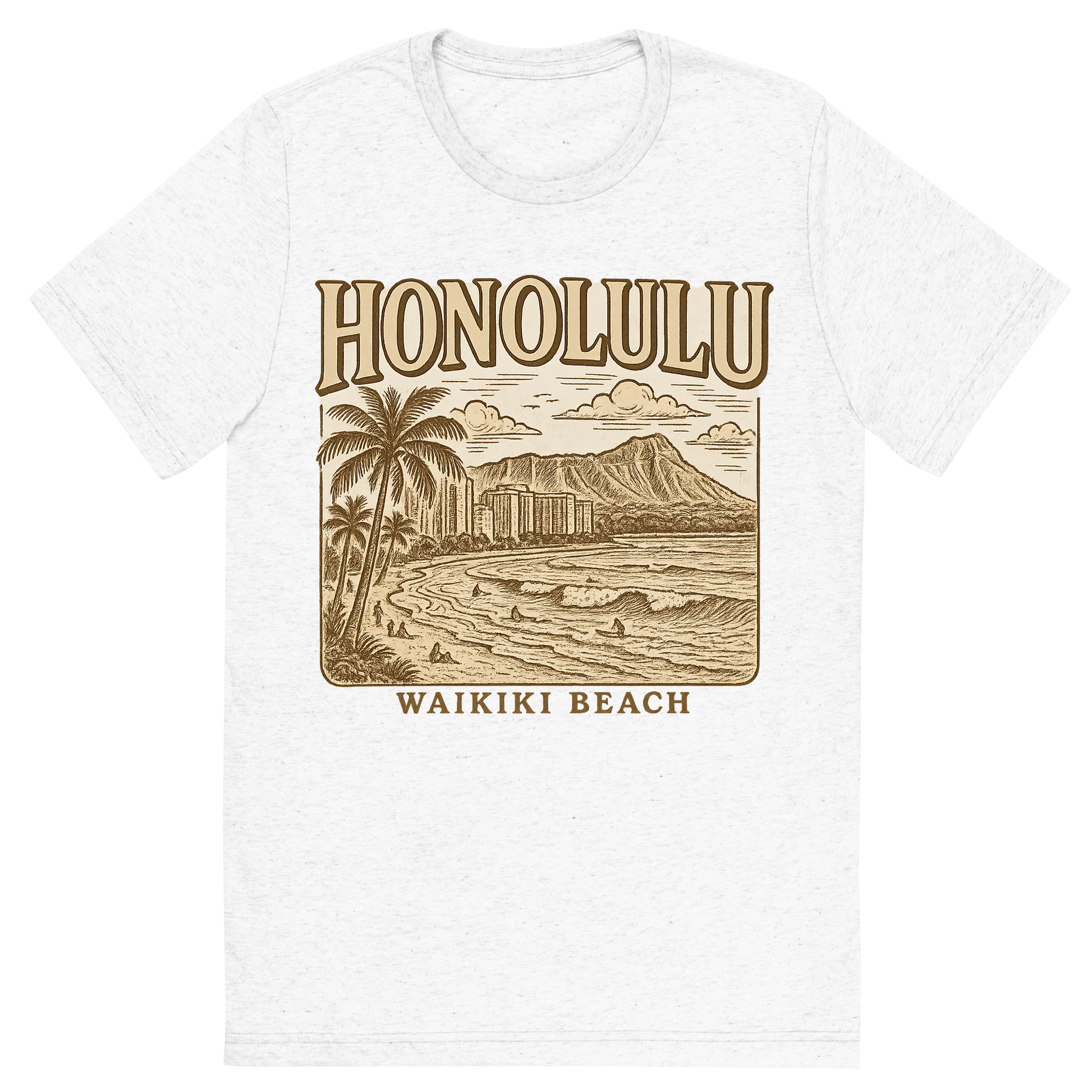 Front view of a Premium Tri-Blend Crew Neck T-Shirt in Solid White showing 'A typographic, nostalgic graphic of a typographic illustration of the words 'honolulu' with a vintage line art drawing of waikiki beach'