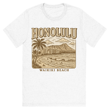 Front view of a Premium Tri-Blend Crew Neck T-Shirt in Solid White showing 'A typographic, nostalgic graphic of a typographic illustration of the words 'honolulu' with a vintage line art drawing of waikiki beach'