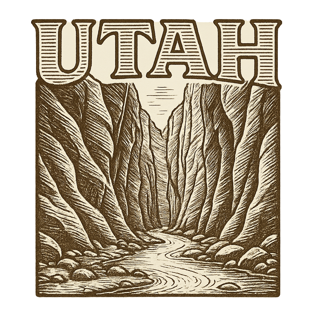A typographic, nostalgic graphic of a typographic illustration of the words 'utah' with a vintage line art drawing of the the narrows – a t-shirt design