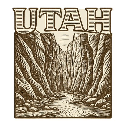 A typographic, nostalgic graphic of a typographic illustration of the words 'utah' with a vintage line art drawing of the the narrows – a t-shirt design
