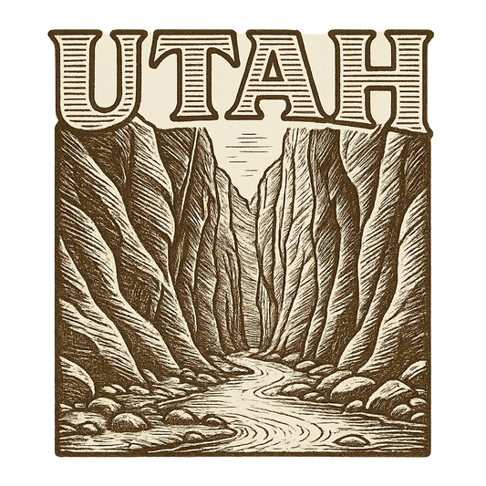 A typographic, nostalgic graphic of a typographic illustration of the words 'utah' with a vintage line art drawing of the the narrows – a t-shirt design
