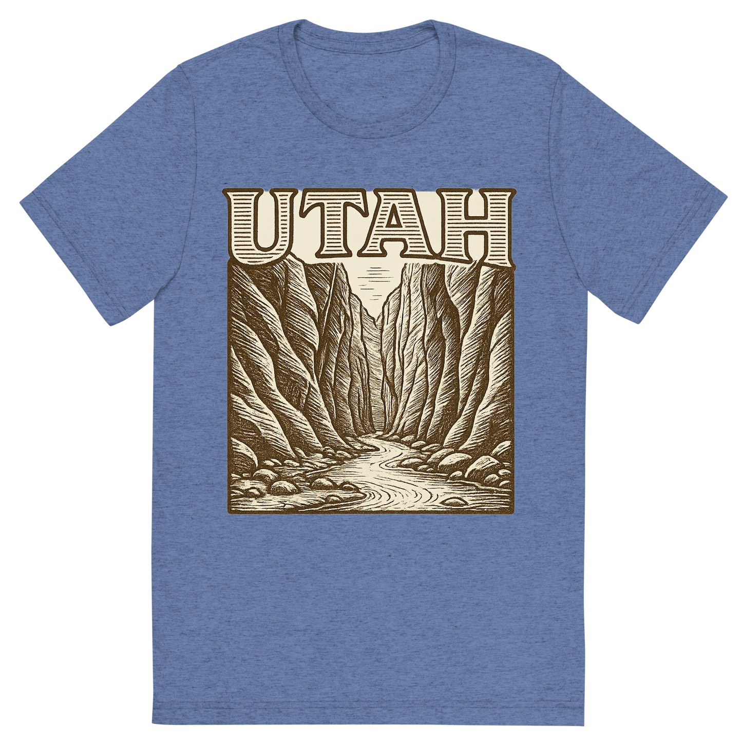 Front view of a Premium Tri-Blend Crew Neck T-Shirt in Blue showing 'A typographic, nostalgic graphic of a typographic illustration of the words 'utah' with a vintage line art drawing of the the narrows'