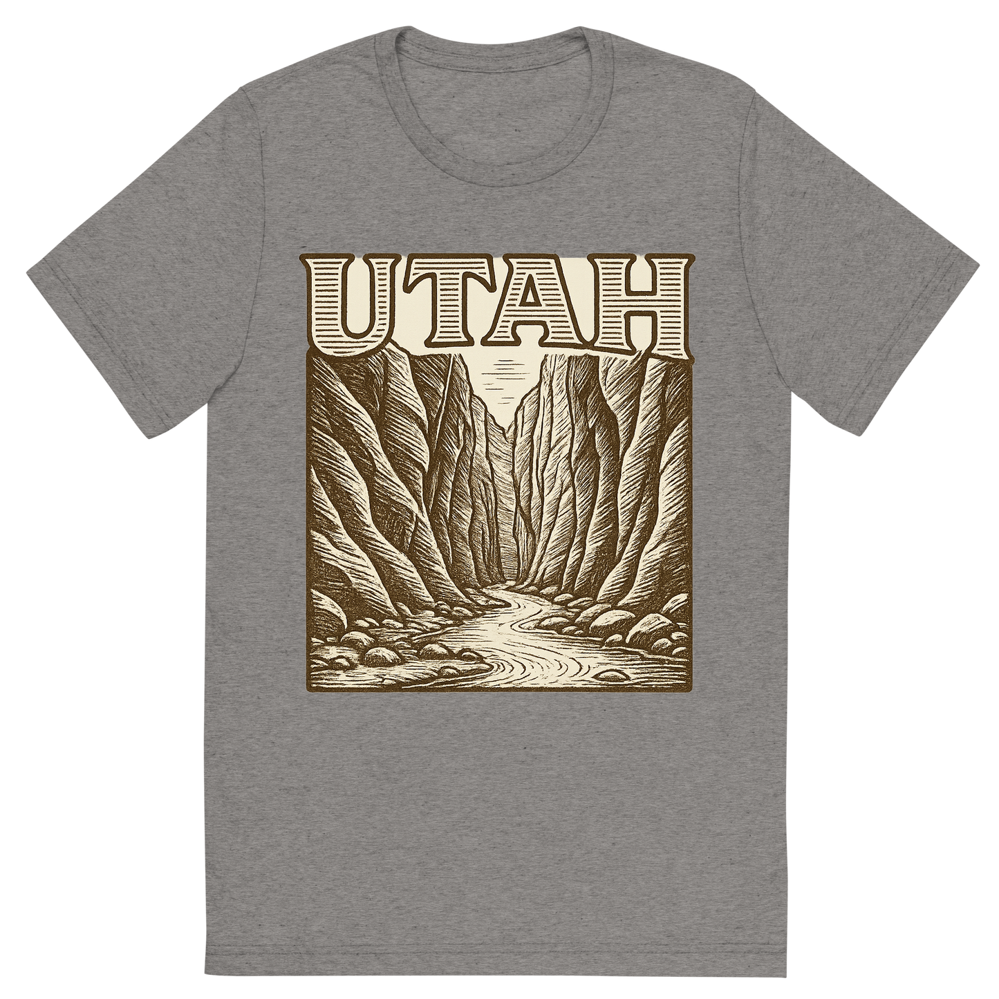Front view of a Premium Tri-Blend Crew Neck T-Shirt in Grey showing 'A typographic, nostalgic graphic of a typographic illustration of the words 'utah' with a vintage line art drawing of the the narrows'