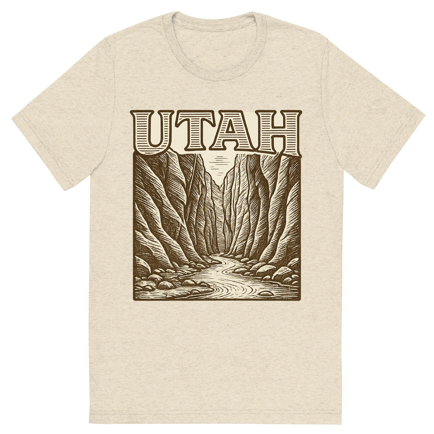 Front view of a Premium Tri-Blend Crew Neck T-Shirt in Oatmeal showing 'A typographic, nostalgic graphic of a typographic illustration of the words 'utah' with a vintage line art drawing of the the narrows'