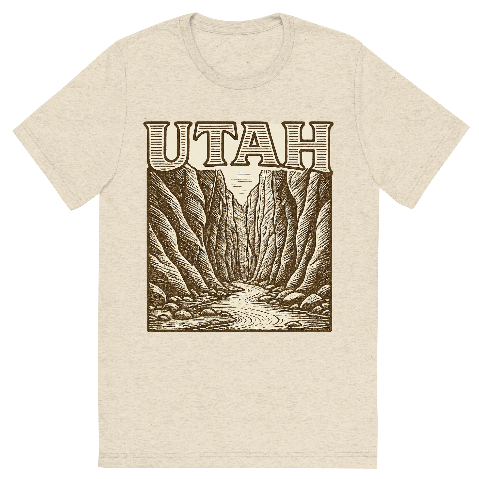 Front view of a Premium Tri-Blend Crew Neck T-Shirt in Oatmeal showing 'A typographic, nostalgic graphic of a typographic illustration of the words 'utah' with a vintage line art drawing of the the narrows'