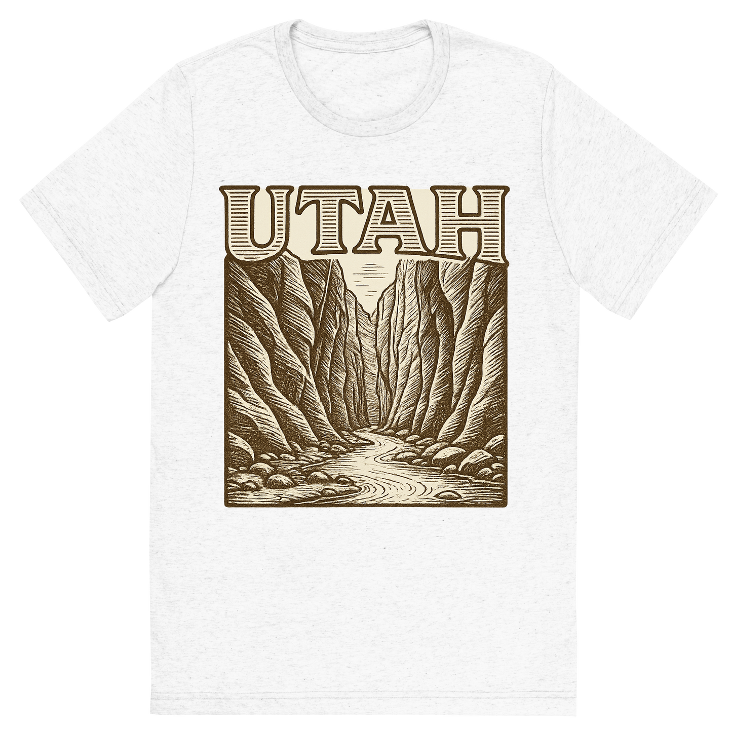 Front view of a Premium Tri-Blend Crew Neck T-Shirt in Solid White showing 'A typographic, nostalgic graphic of a typographic illustration of the words 'utah' with a vintage line art drawing of the the narrows'
