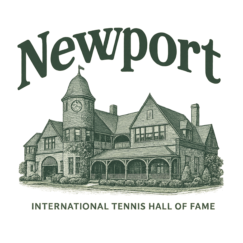 A typographic, nostalgic graphic of a typographic illustration of the words 'newport' with a vintage line art drawing of the international tennis hall of fame – a t-shirt design
