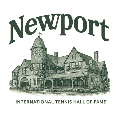 A typographic, nostalgic graphic of a typographic illustration of the words 'newport' with a vintage line art drawing of the international tennis hall of fame – a t-shirt design