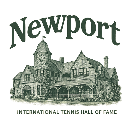 A typographic, nostalgic graphic of a typographic illustration of the words 'newport' with a vintage line art drawing of the international tennis hall of fame – a t-shirt design