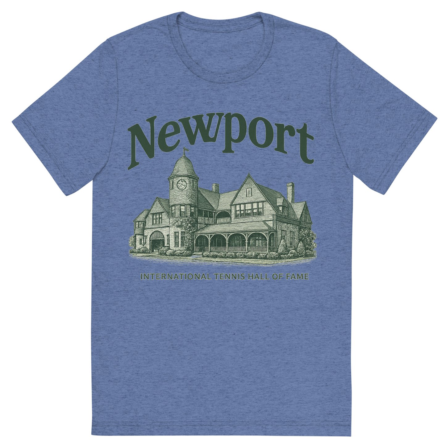 Front view of a Premium Tri-Blend Crew Neck T-Shirt in Blue showing 'A typographic, nostalgic graphic of a typographic illustration of the words 'newport' with a vintage line art drawing of the international tennis hall of fame'