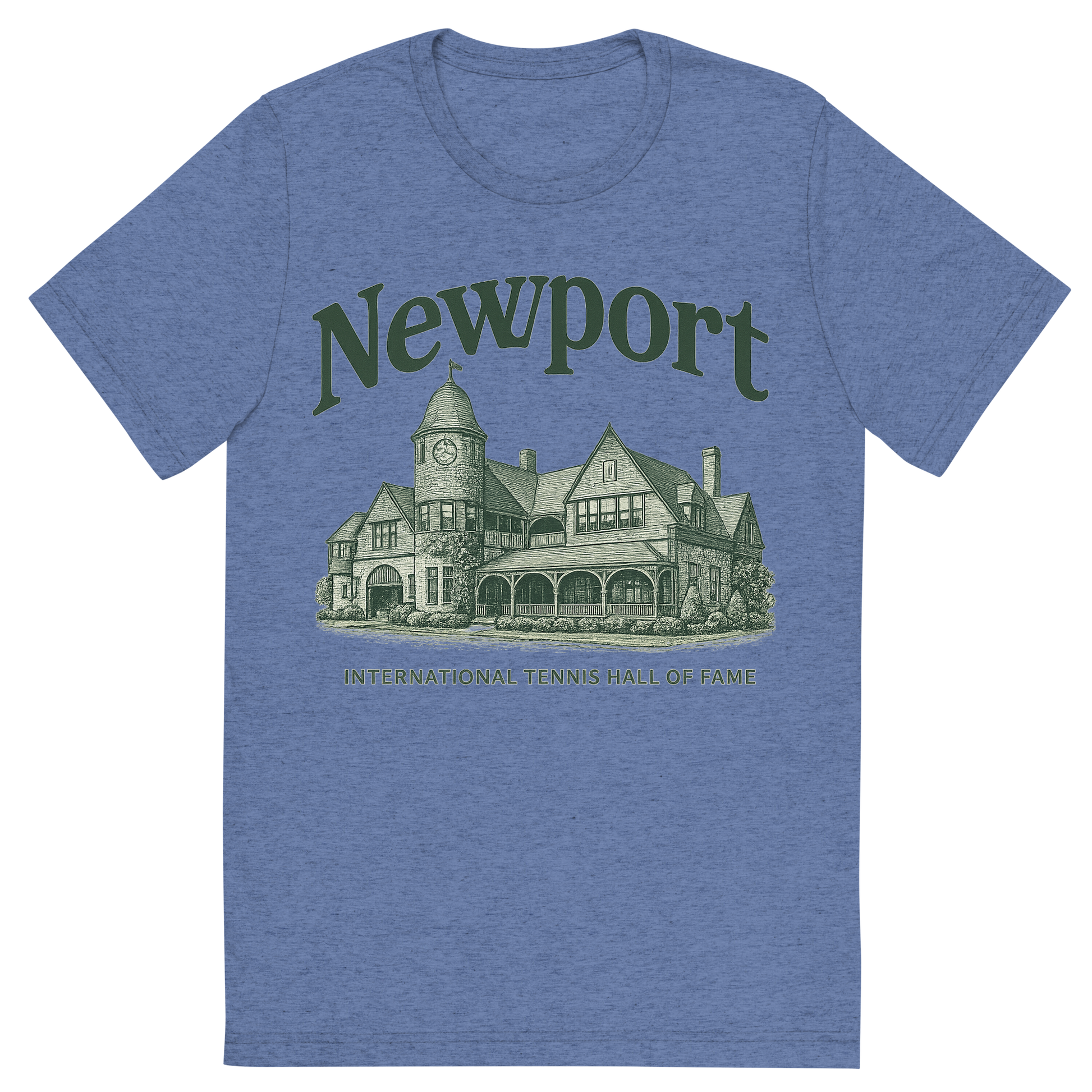 Front view of a Premium Tri-Blend Crew Neck T-Shirt in Blue showing 'A typographic, nostalgic graphic of a typographic illustration of the words 'newport' with a vintage line art drawing of the international tennis hall of fame'