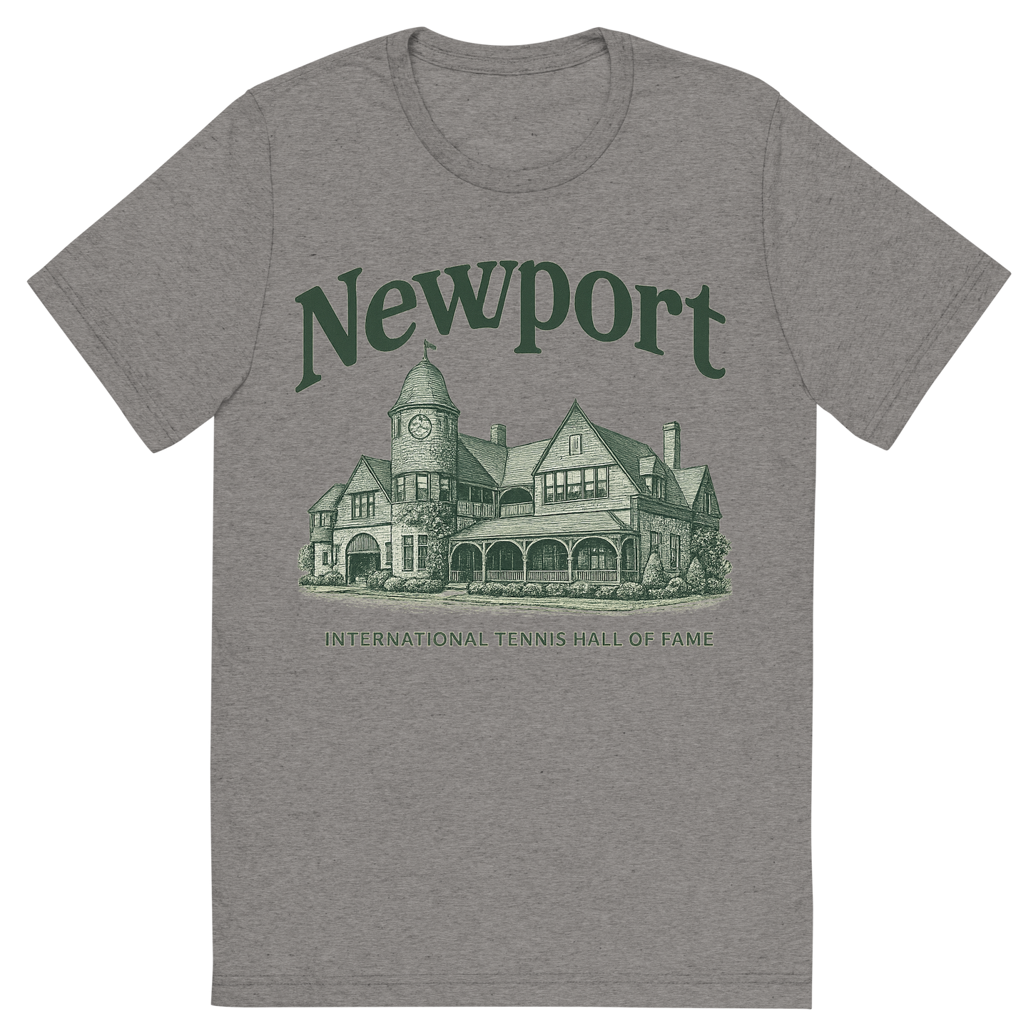 Front view of a Premium Tri-Blend Crew Neck T-Shirt in Grey showing 'A typographic, nostalgic graphic of a typographic illustration of the words 'newport' with a vintage line art drawing of the international tennis hall of fame'